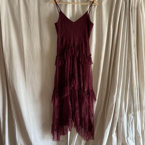 Lulu's Wonderfully Whimsical Burgundy Lace Ruffled Midi Dress - Picture 6 of 13